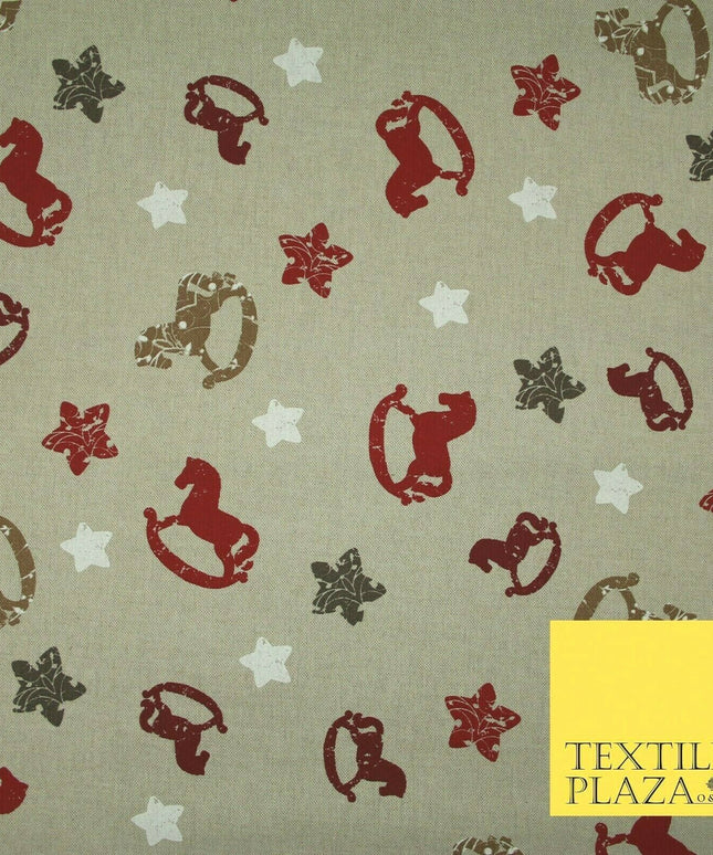 Beige Rocking Horse Stars Nursery Festive Printed Cotton Canvas Fabric 55" 4479