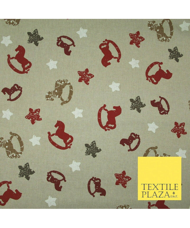 Beige Rocking Horse Stars Nursery Festive Printed Cotton Canvas Fabric 55" 4479