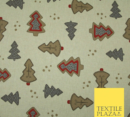 Beige Decorated Christmas Trees Festive Printed Cotton Canvas Fabric 55" 4480