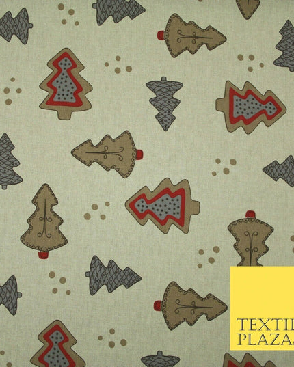 Beige Decorated Christmas Trees Festive Printed Cotton Canvas Fabric 55" 4480