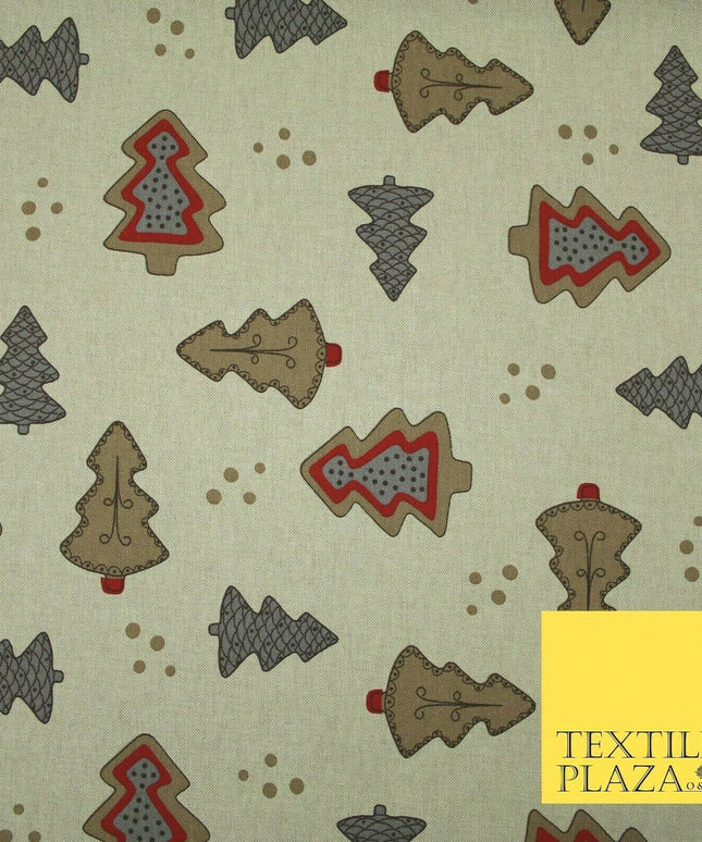 Beige Decorated Christmas Trees Festive Printed Cotton Canvas Fabric 55" 4480