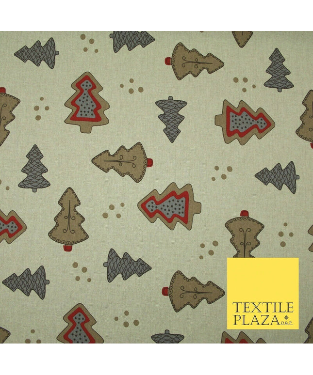 Beige Decorated Christmas Trees Festive Printed Cotton Canvas Fabric 55" 4480