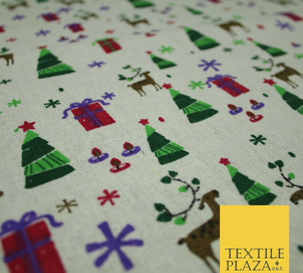 Christmas Tree Gifts Reindeer Festive Printed 100% Cotton Canvas Fabric 55" 4481