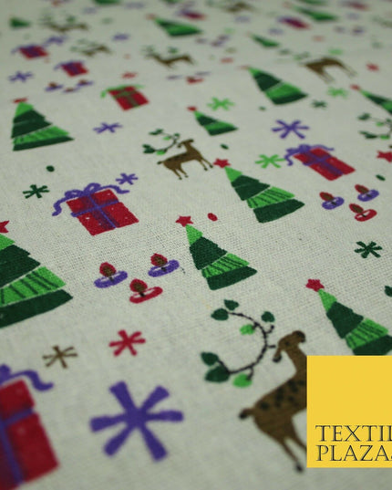 Christmas Tree Gifts Reindeer Festive Printed 100% Cotton Canvas Fabric 55" 4481