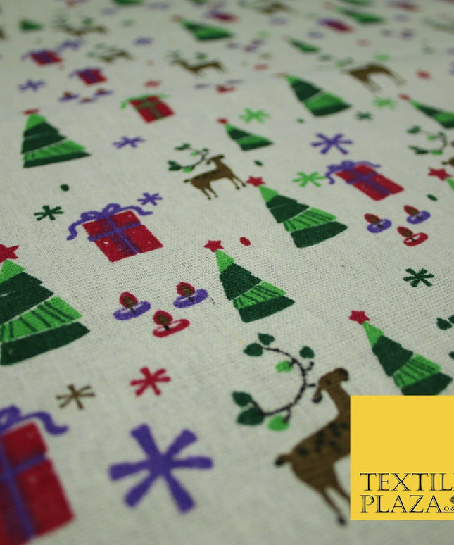 Christmas Tree Gifts Reindeer Festive Printed 100% Cotton Canvas Fabric 55" 4481