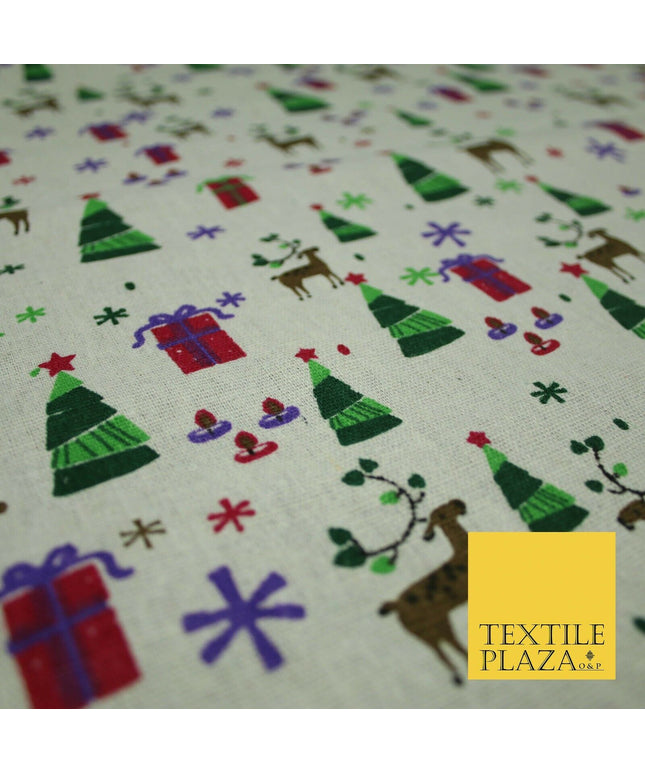 Christmas Tree Gifts Reindeer Festive Printed 100% Cotton Canvas Fabric 55" 4481