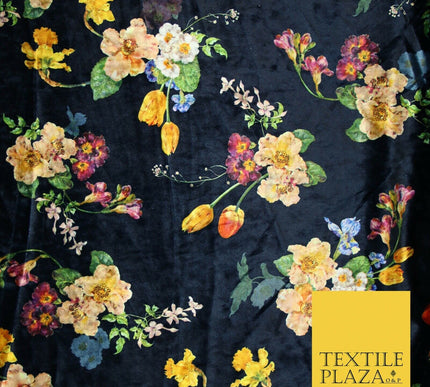 Navy Blue Multicolour Floating Floral Bunch Printed Soft Velvet Dress Fabric 4707