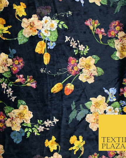 Navy Blue Multicolour Floating Floral Bunch Printed Soft Velvet Dress Fabric 4707