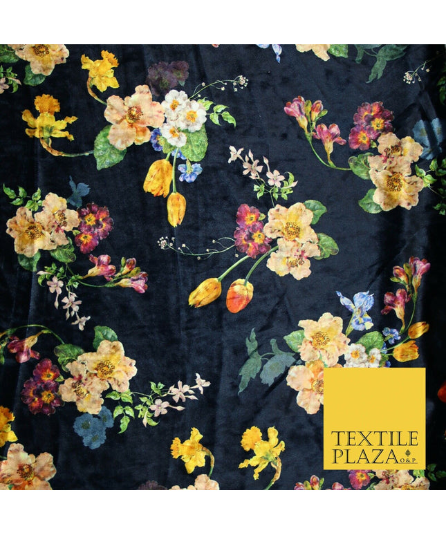 Navy Blue Multicolour Floating Floral Bunch Printed Soft Velvet Dress Fabric 4707