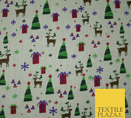 Christmas Tree Gifts Reindeer Festive Printed 100% Cotton Canvas Fabric 55" 4481