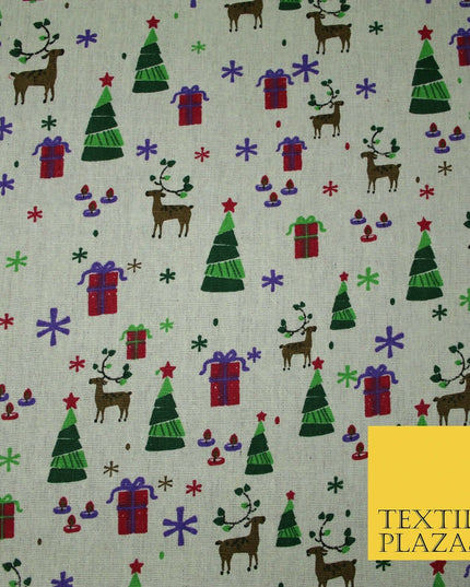 Christmas Tree Gifts Reindeer Festive Printed 100% Cotton Canvas Fabric 55" 4481