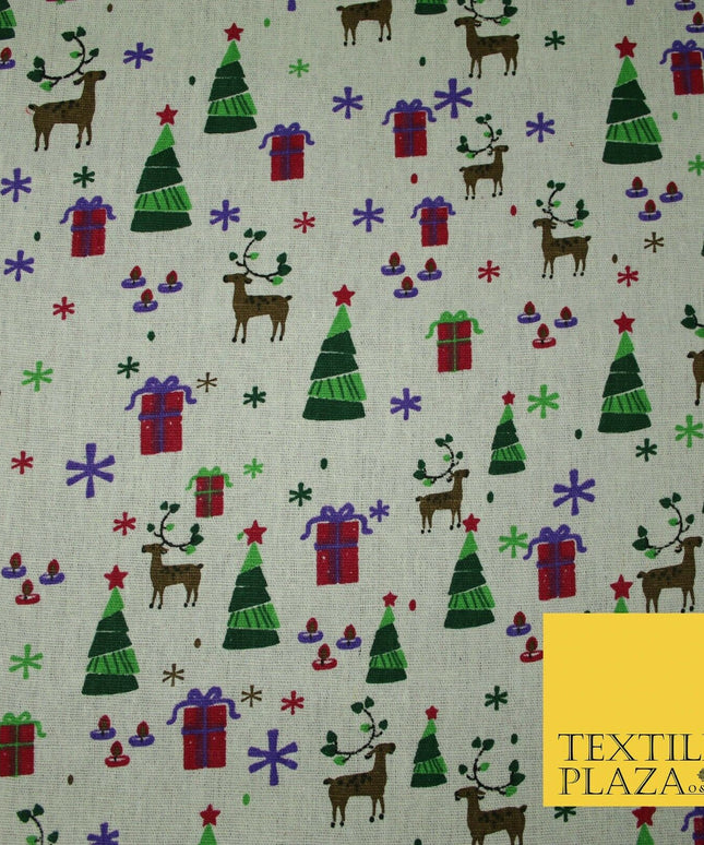 Christmas Tree Gifts Reindeer Festive Printed 100% Cotton Canvas Fabric 55" 4481