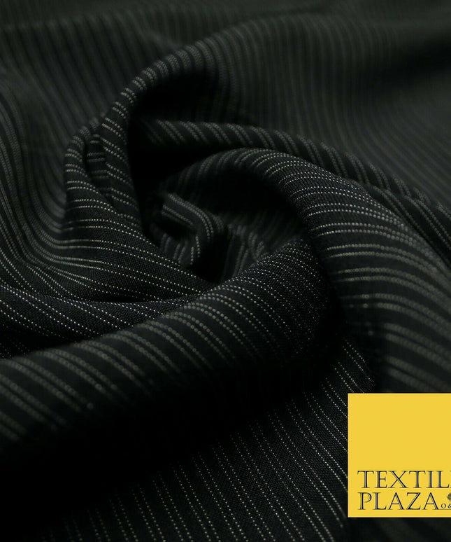 Black Navy Blue White Double Dotted Tramline Striped Bi-Stretch Fabric 56" Wide
