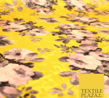 Yellow Vintage Floral Bunch Printed Soft Velvet Dress Fabric Craft Material 4705