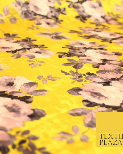 Yellow Vintage Floral Bunch Printed Soft Velvet Dress Fabric Craft Material 4705