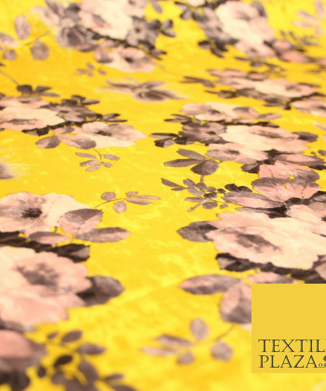Yellow Vintage Floral Bunch Printed Soft Velvet Dress Fabric Craft Material 4705