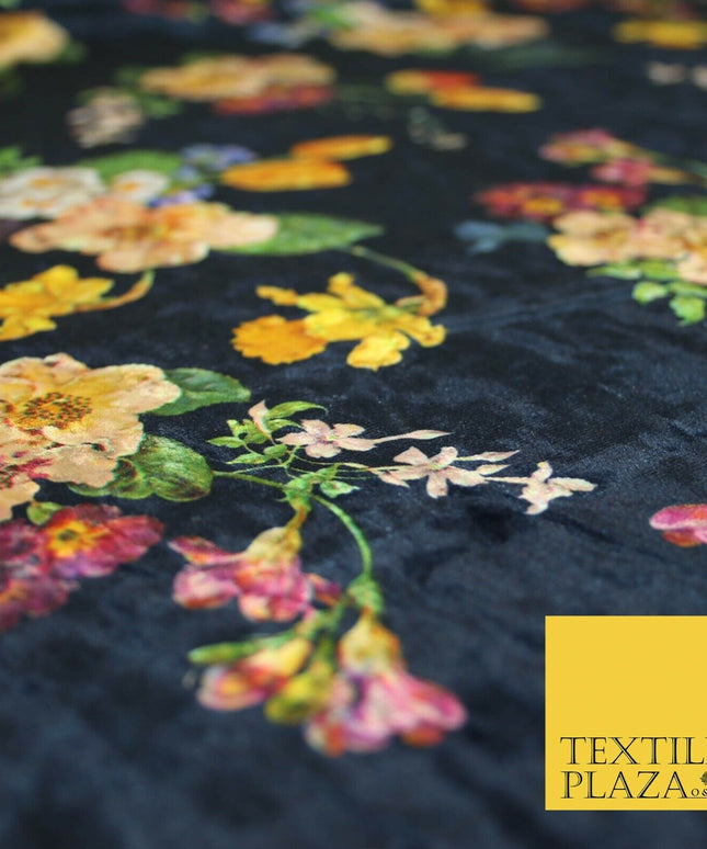Navy Blue Multicolour Floating Floral Bunch Printed Soft Velvet Dress Fabric 4707
