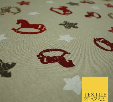 Beige Rocking Horse Stars Nursery Festive Printed Cotton Canvas Fabric 55" 4479