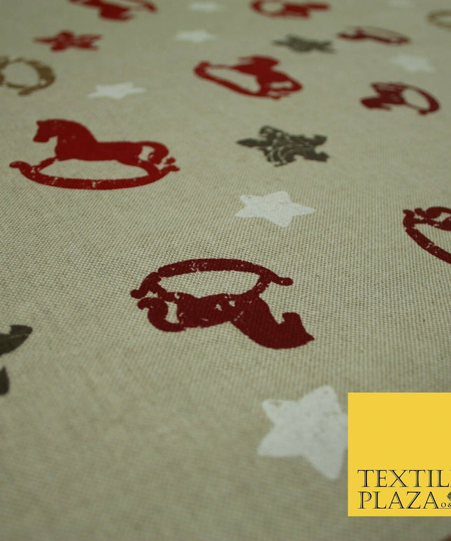 Beige Rocking Horse Stars Nursery Festive Printed Cotton Canvas Fabric 55" 4479