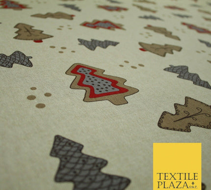 Beige Decorated Christmas Trees Festive Printed Cotton Canvas Fabric 55" 4480