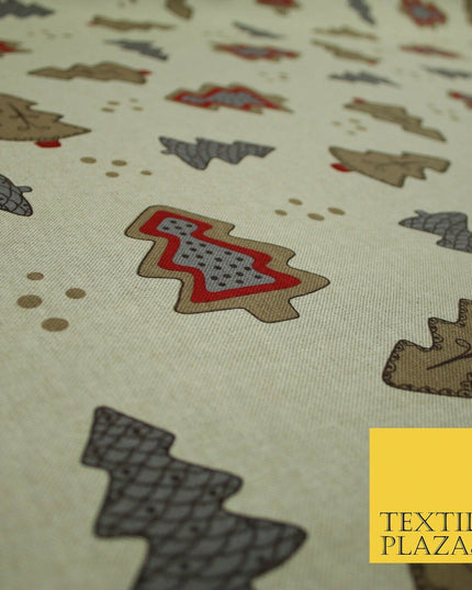 Beige Decorated Christmas Trees Festive Printed Cotton Canvas Fabric 55" 4480