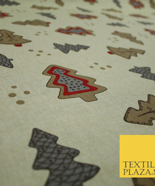 Beige Decorated Christmas Trees Festive Printed Cotton Canvas Fabric 55" 4480