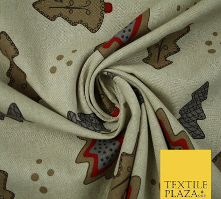 Beige Decorated Christmas Trees Festive Printed Cotton Canvas Fabric 55" 4480