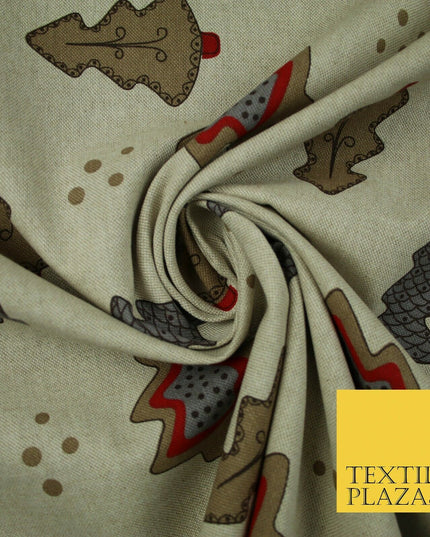 Beige Decorated Christmas Trees Festive Printed Cotton Canvas Fabric 55" 4480