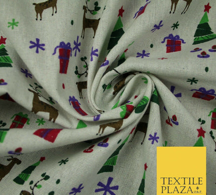 Christmas Tree Gifts Reindeer Festive Printed 100% Cotton Canvas Fabric 55" 4481