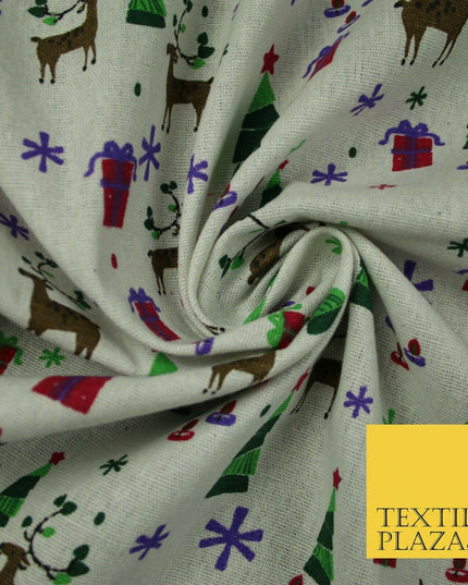 Christmas Tree Gifts Reindeer Festive Printed 100% Cotton Canvas Fabric 55" 4481
