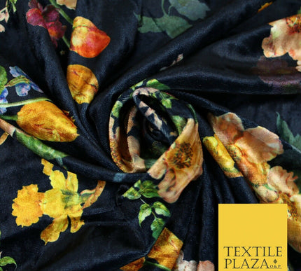 Navy Blue Multicolour Floating Floral Bunch Printed Soft Velvet Dress Fabric 4707