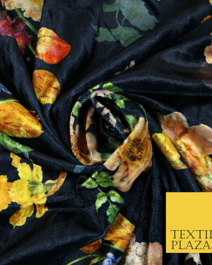 Navy Blue Multicolour Floating Floral Bunch Printed Soft Velvet Dress Fabric 4707