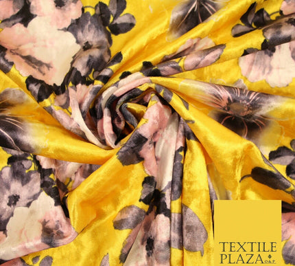 Yellow Vintage Floral Bunch Printed Soft Velvet Dress Fabric Craft Material 4705