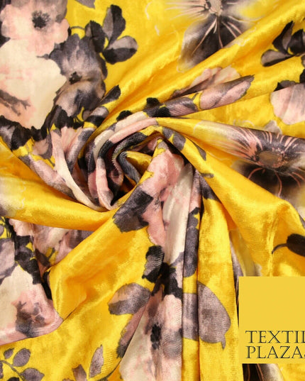 Yellow Vintage Floral Bunch Printed Soft Velvet Dress Fabric Craft Material 4705