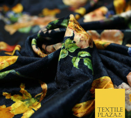 Navy Blue Multicolour Floating Floral Bunch Printed Soft Velvet Dress Fabric 4707
