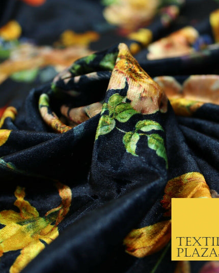 Navy Blue Multicolour Floating Floral Bunch Printed Soft Velvet Dress Fabric 4707