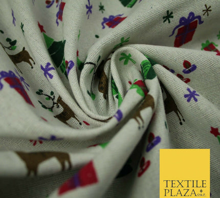 Christmas Tree Gifts Reindeer Festive Printed 100% Cotton Canvas Fabric 55" 4481