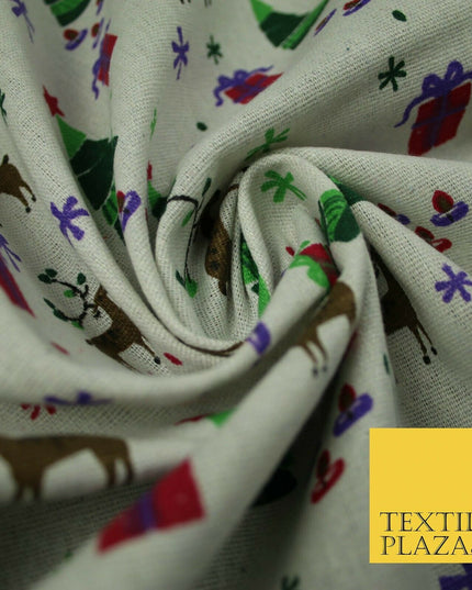 Christmas Tree Gifts Reindeer Festive Printed 100% Cotton Canvas Fabric 55" 4481