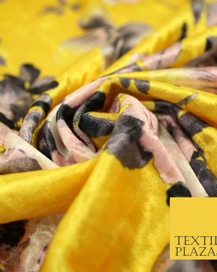 Yellow Vintage Floral Bunch Printed Soft Velvet Dress Fabric Craft Material 4705