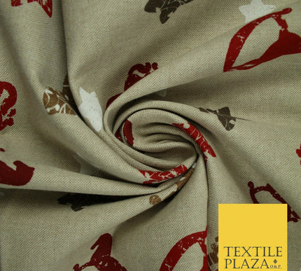 Beige Rocking Horse Stars Nursery Festive Printed Cotton Canvas Fabric 55" 4479