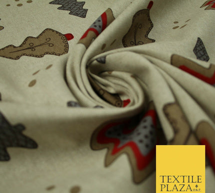 Beige Decorated Christmas Trees Festive Printed Cotton Canvas Fabric 55" 4480