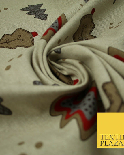 Beige Decorated Christmas Trees Festive Printed Cotton Canvas Fabric 55" 4480