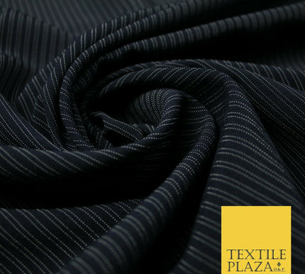 Black Navy Blue White Double Dotted Tramline Striped Bi-Stretch Fabric 56" Wide