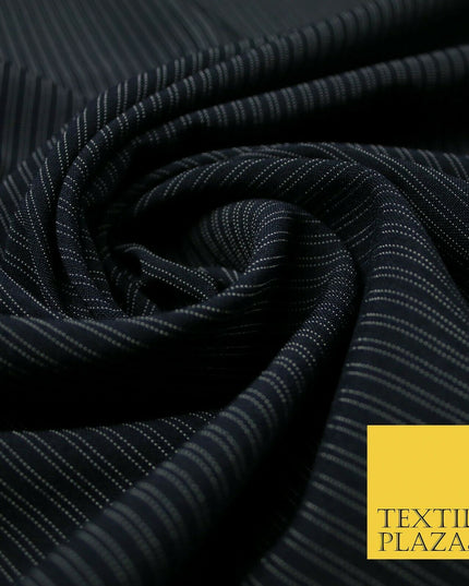 Black Navy Blue White Double Dotted Tramline Striped Bi-Stretch Fabric 56" Wide