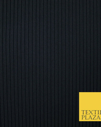 Black Navy Blue White Double Dotted Tramline Striped Bi-Stretch Fabric 56" Wide