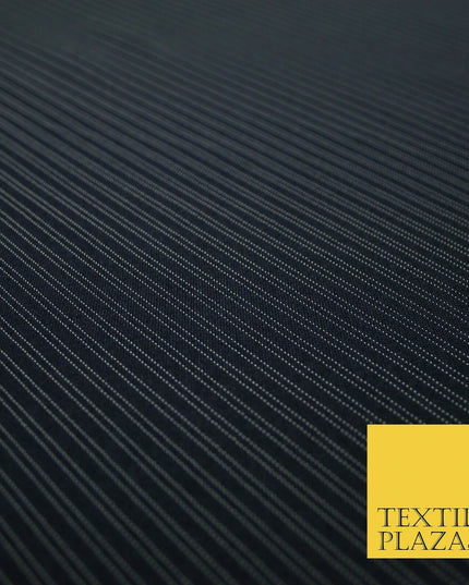 Black Navy Blue White Double Dotted Tramline Striped Bi-Stretch Fabric 56" Wide