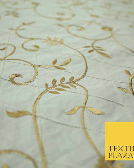 Luxury Floral Stem Embroidered Pintuck 100% PURE SILK Fabric Cushion Furnishing