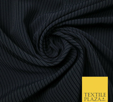 Black Navy Blue White Double Dotted Tramline Striped Bi-Stretch Fabric 56" Wide