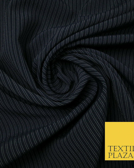 Black Navy Blue White Double Dotted Tramline Striped Bi-Stretch Fabric 56" Wide