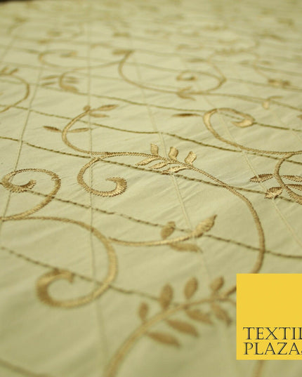 Luxury Floral Stem Embroidered Pintuck 100% PURE SILK Fabric Cushion Furnishing